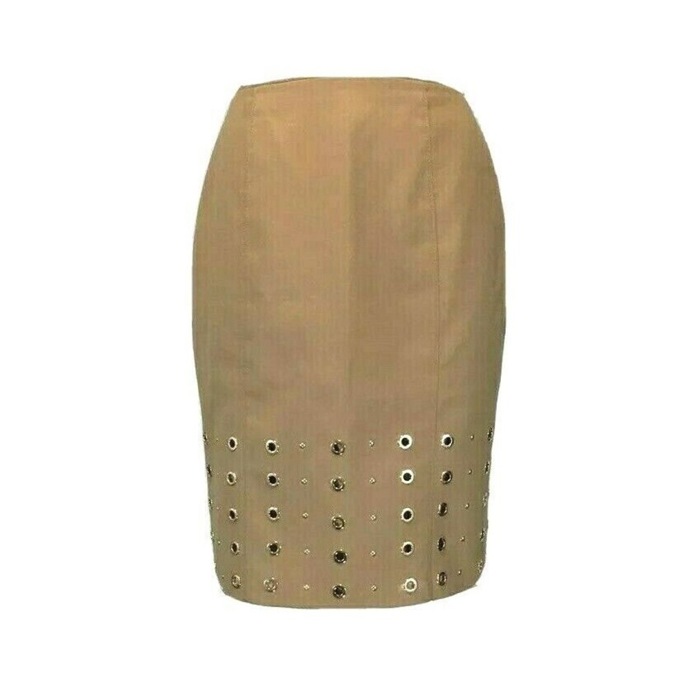 White House Black Market Pencil Skirt 2 Brown Tan Gold Rivet Bead Lined Career
